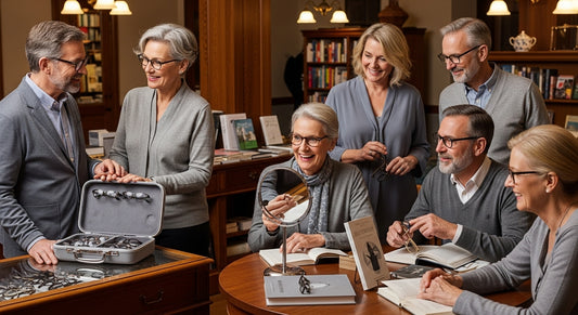 retro reading glasses, bookstore fitting, diverse adults