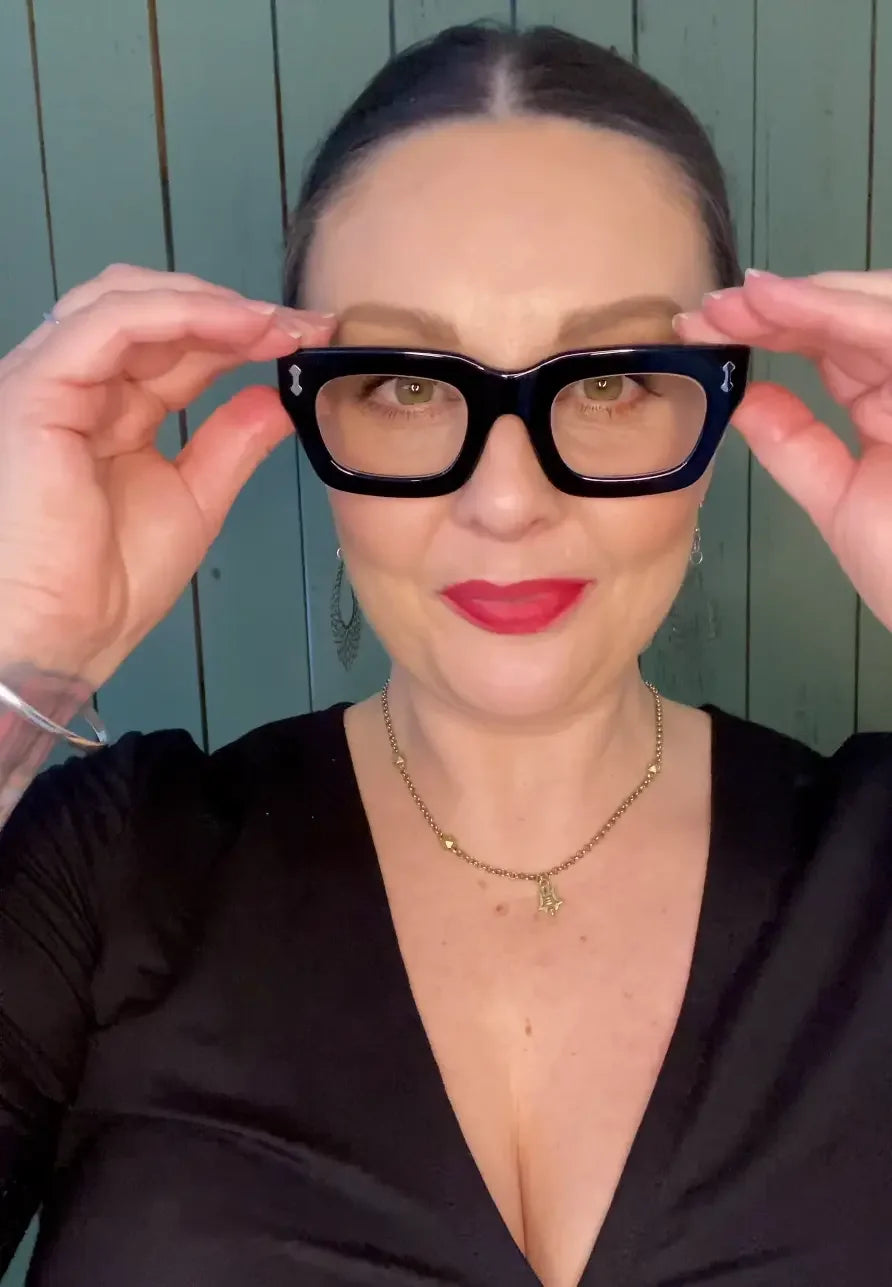 Woman wearing Thick black acetate rectangular frame reading glasses – Ministry of Sight