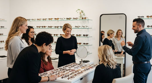 vintage eyewear, frame styles, people trying glasses