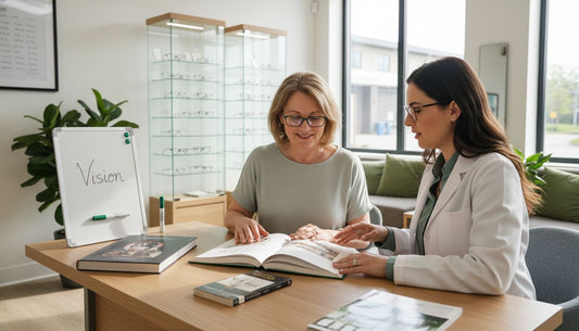 Patient trying reading glasses at optometrist