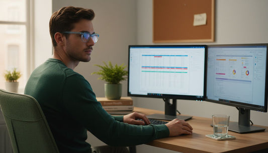 Professional at desk wearing digital reading glasses