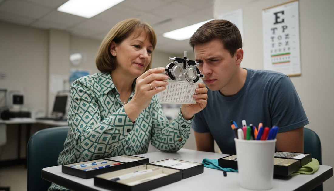 Optometrist showing lenses to patient