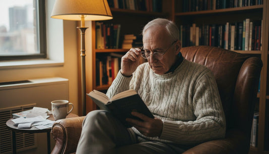 Older man adjusting reading glasses with book