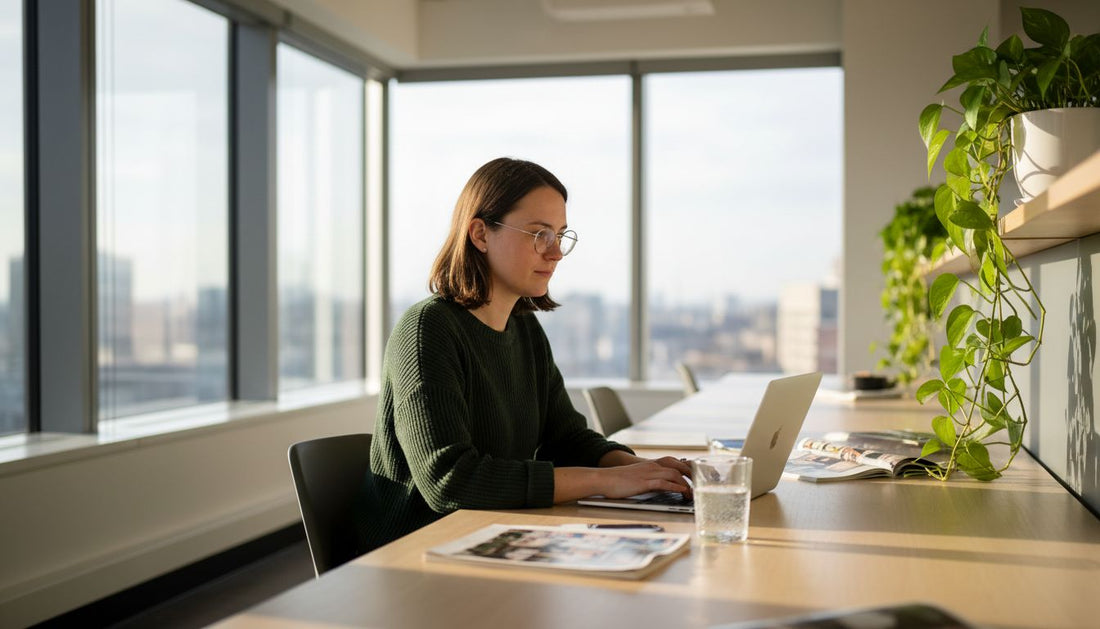 Woman wearing lightweight glasses at desk in sunlit office