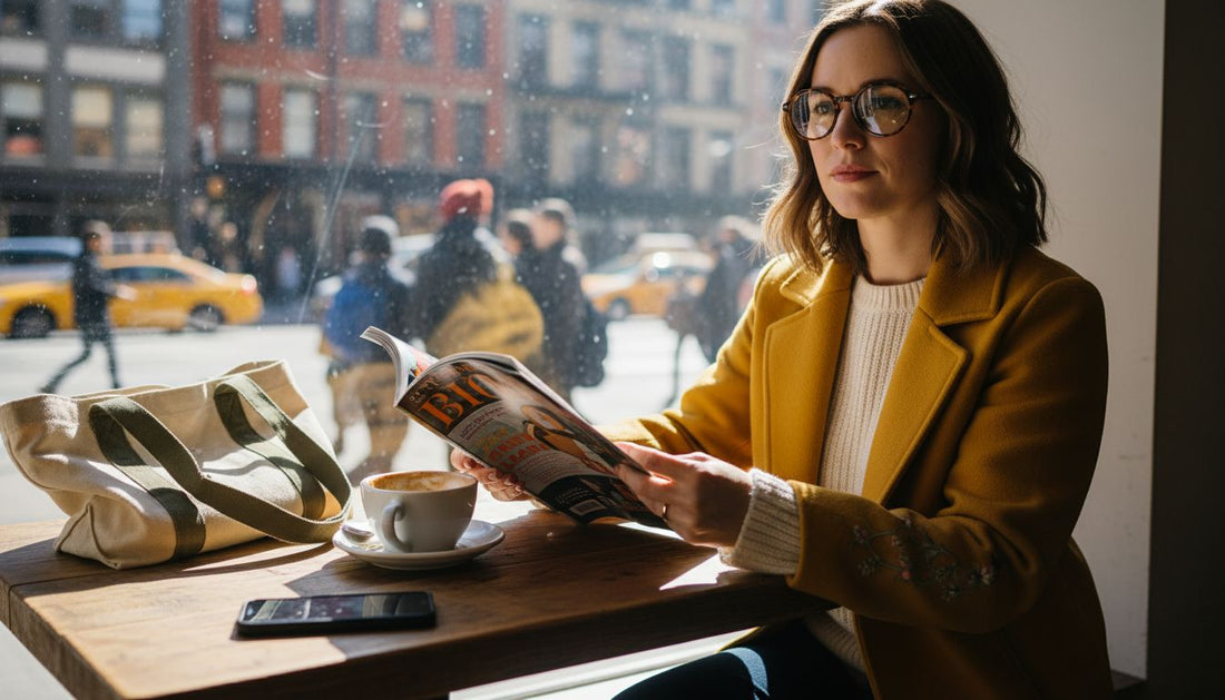 Woman wearing bold reading glasses at café