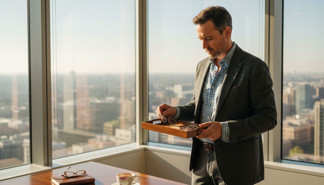 Mature man choosing stylish glasses in corner office