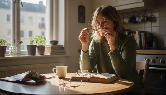 Woman comparing reading glasses at kitchen table
