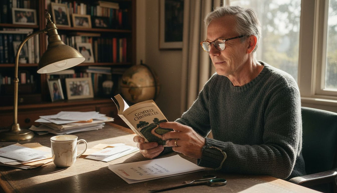 Man reading with glasses at cluttered desk