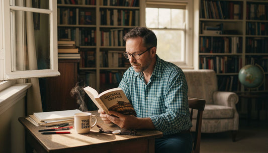 Man reading book with glasses at cluttered desk