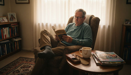 Man wearing reading glasses in cozy living room