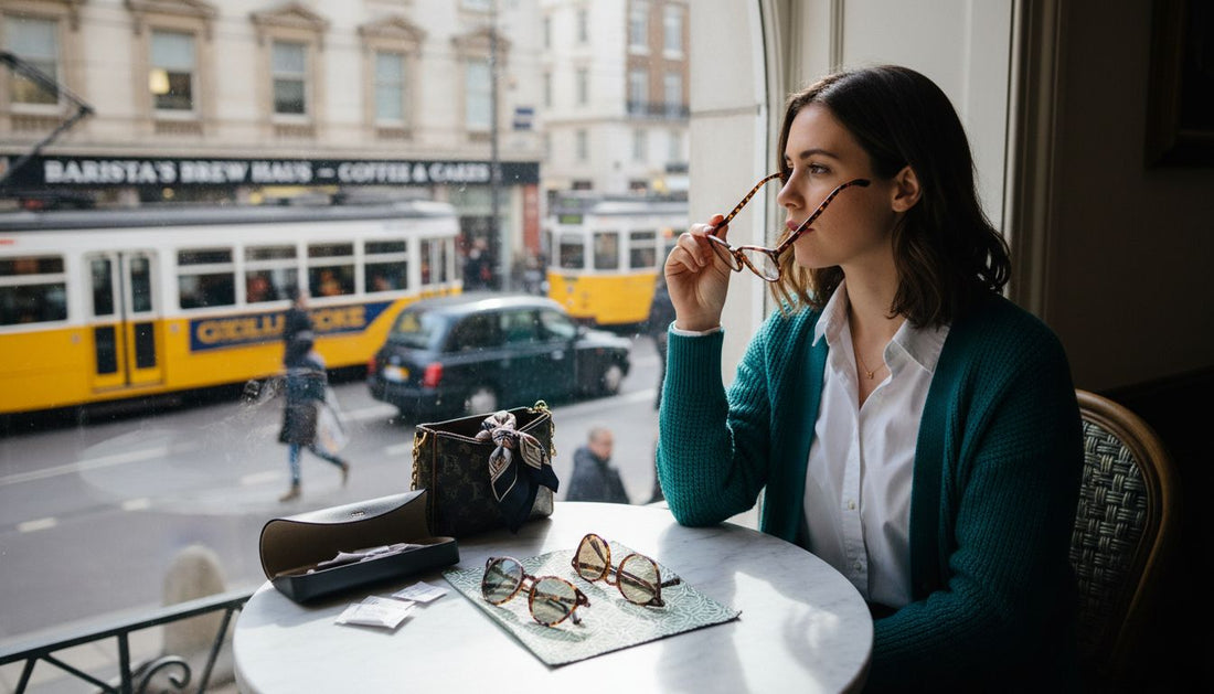 Woman selecting glasses accessories in cafe