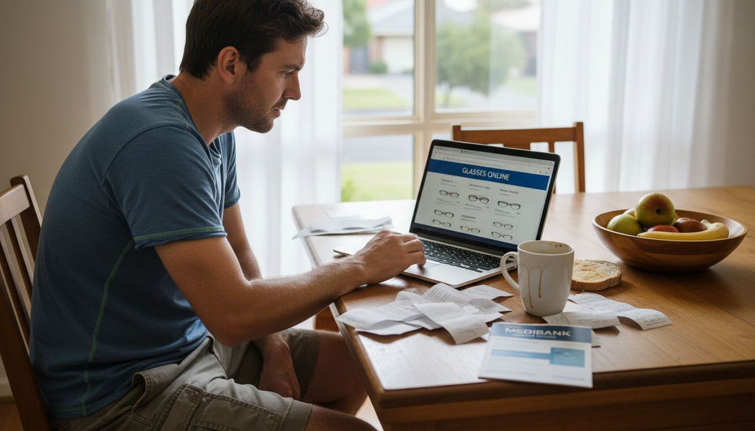 Man shopping for glasses online at kitchen table