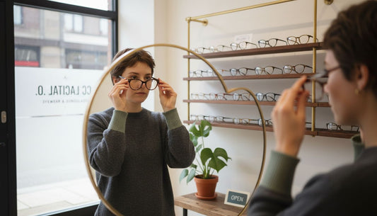 Woman trying glasses at eyewear store