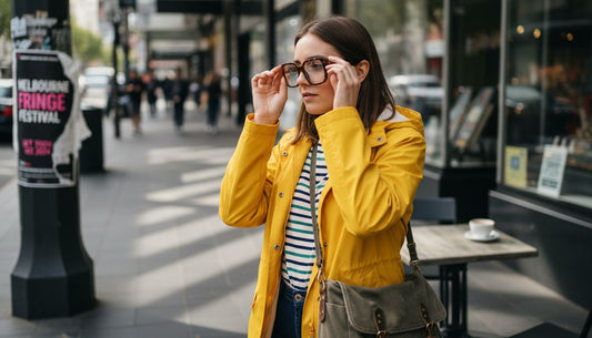 Woman adjusting bold statement glasses on street
