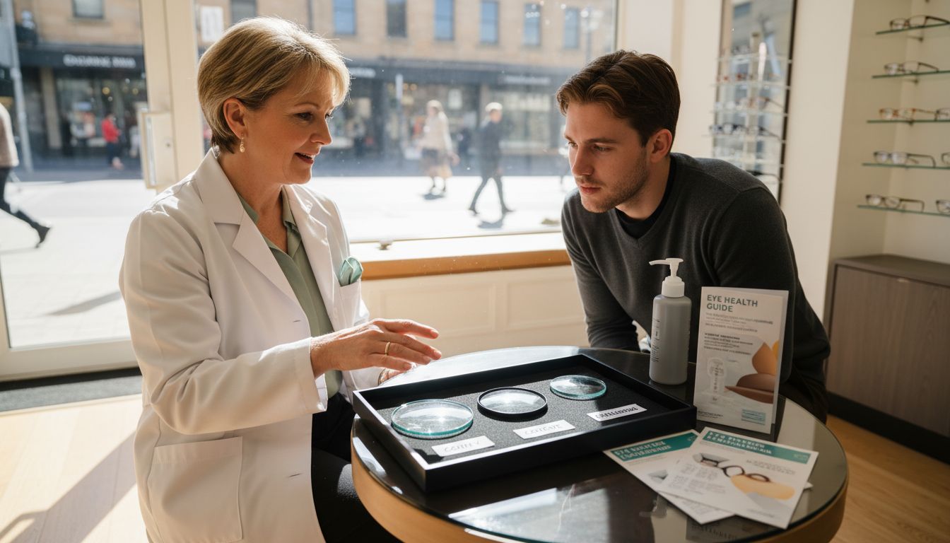 Optometrist explains glasses lens shapes to client