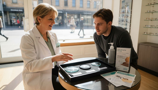 Optometrist explains glasses lens shapes to client