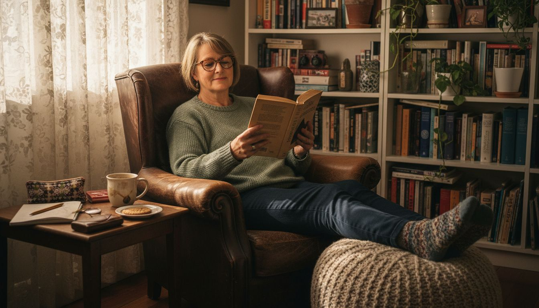 Woman with reading glasses enjoying book in cozy nook