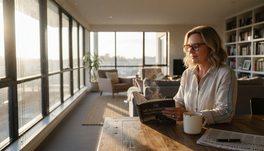 Woman wearing premium reading glasses reading book