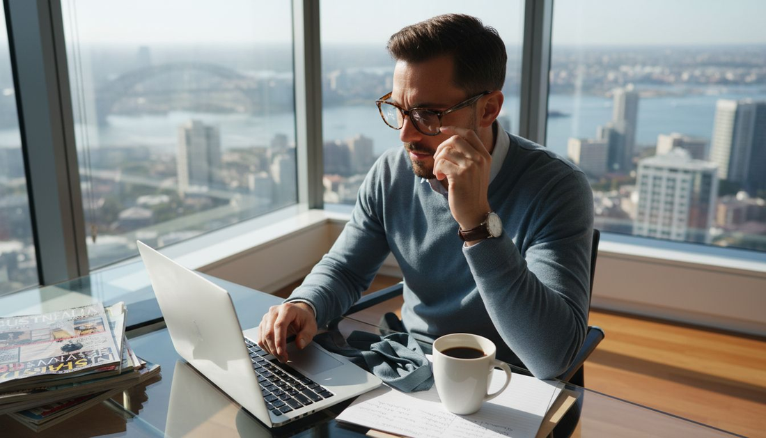 Man adjusting stylish prescription glasses at office desk