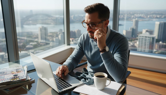 Man adjusting stylish prescription glasses at office desk
