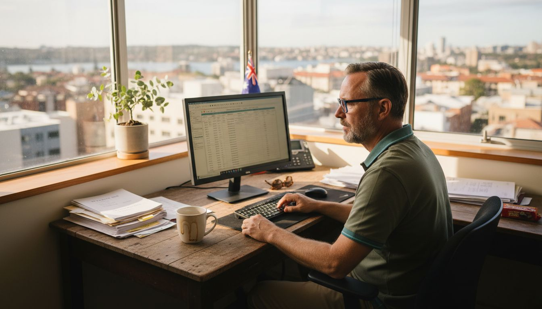 Australian man in eyewear at sunlit desk