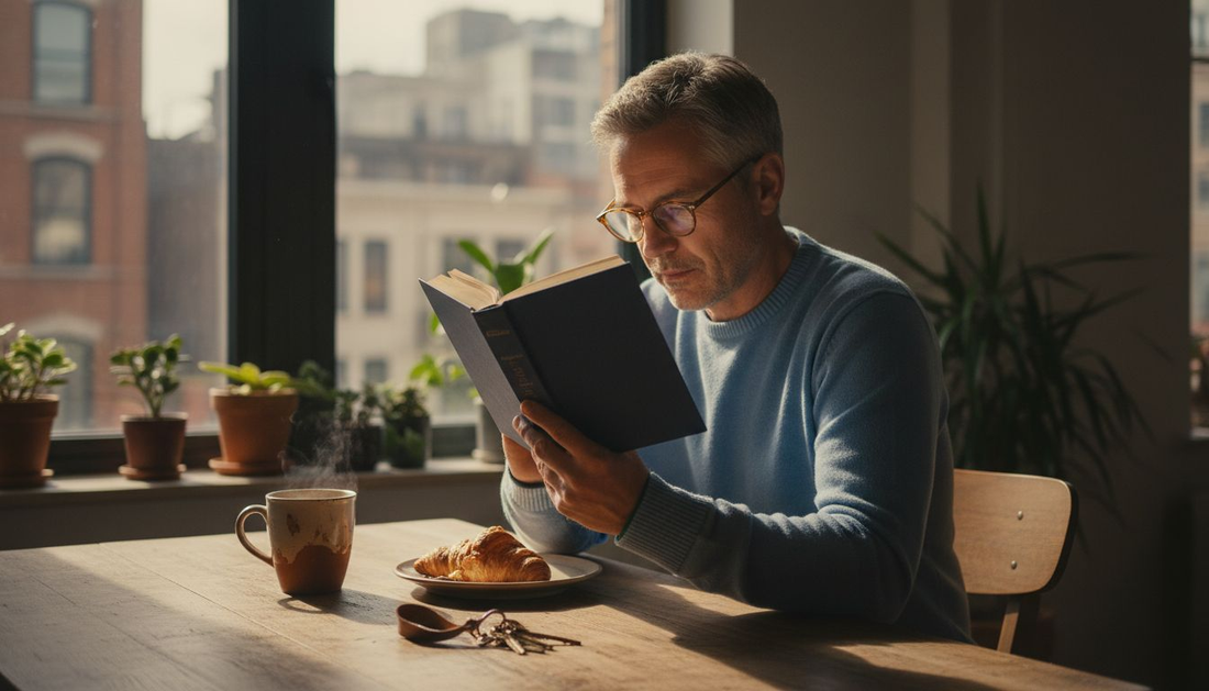 Man reading book with reading glasses at table