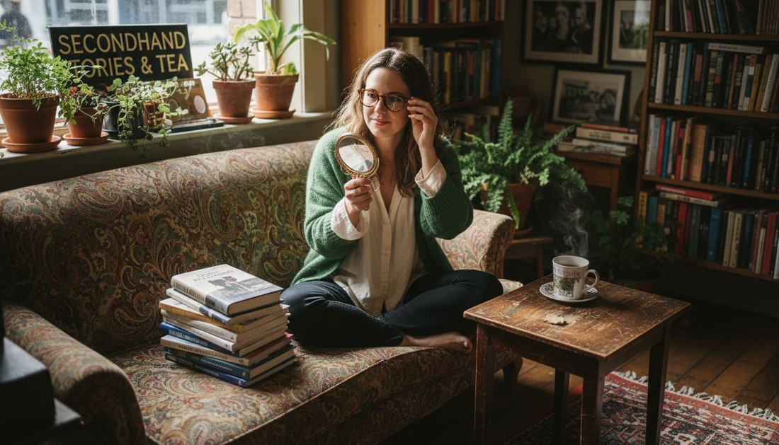 Stylish woman trying glasses in bookstore