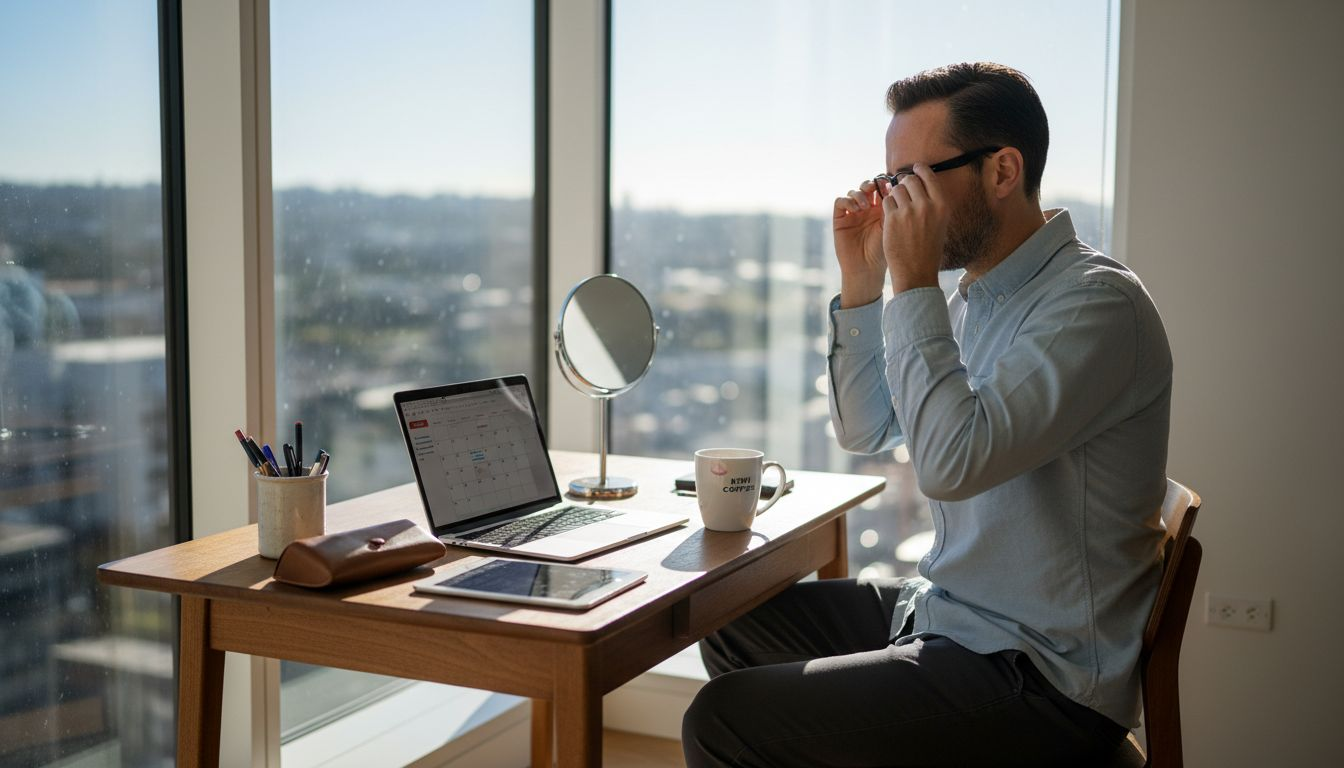Man adjusts stylish prescription glasses at office desk