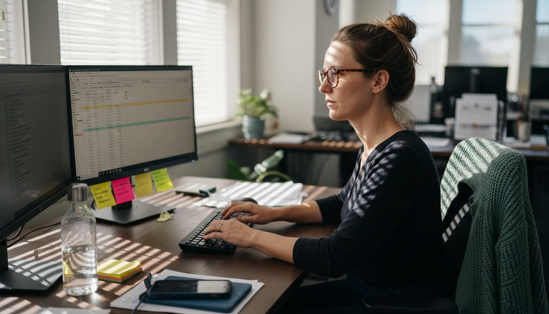 Woman using computer glasses at office desk