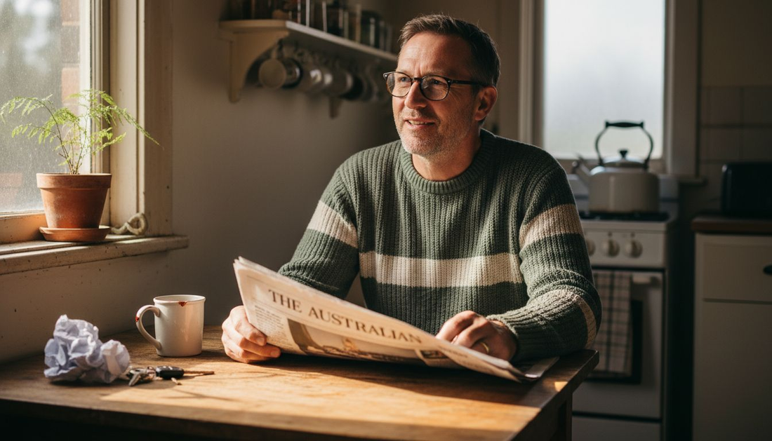 Man looking over reading glasses at kitchen table