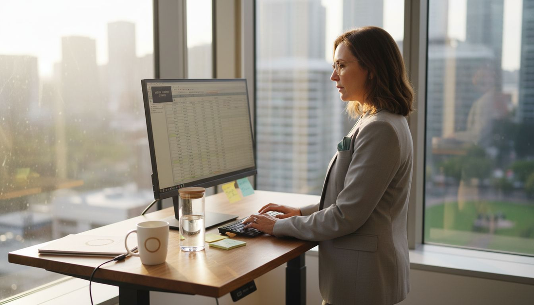 Professional using reading glasses at computer desk