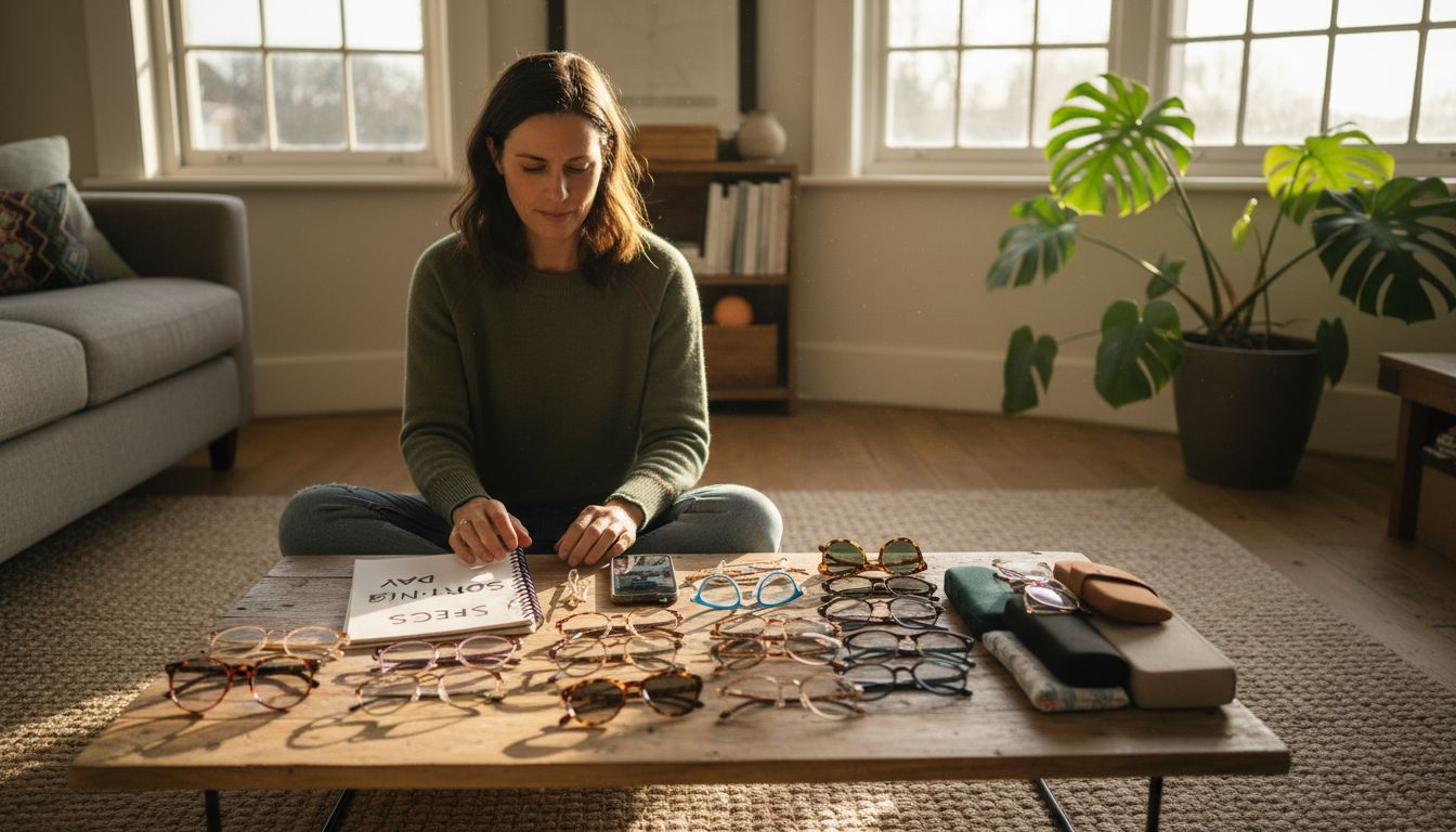 Woman sorting multiple glasses on living room floor