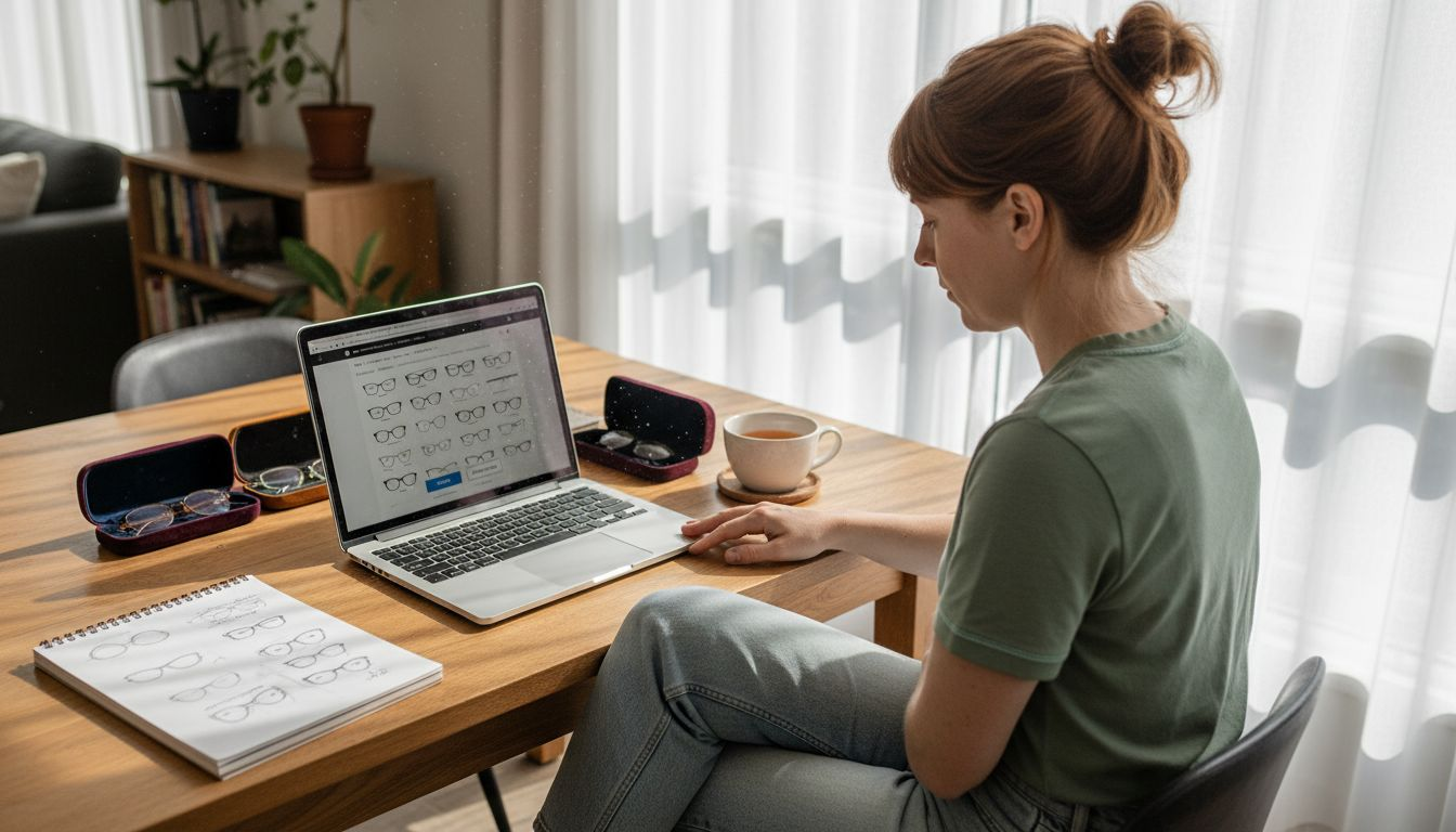 Woman shopping for glasses online at home