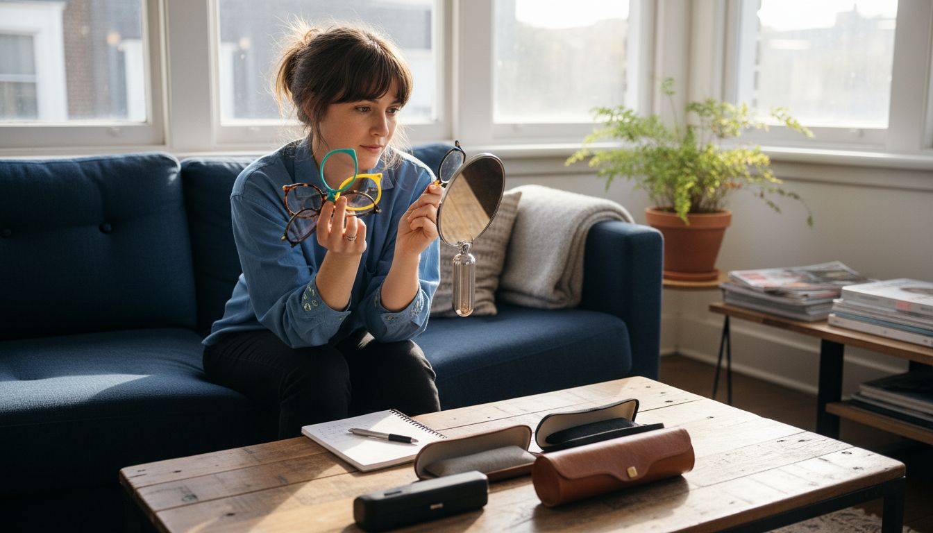 Woman choosing glasses frames at home