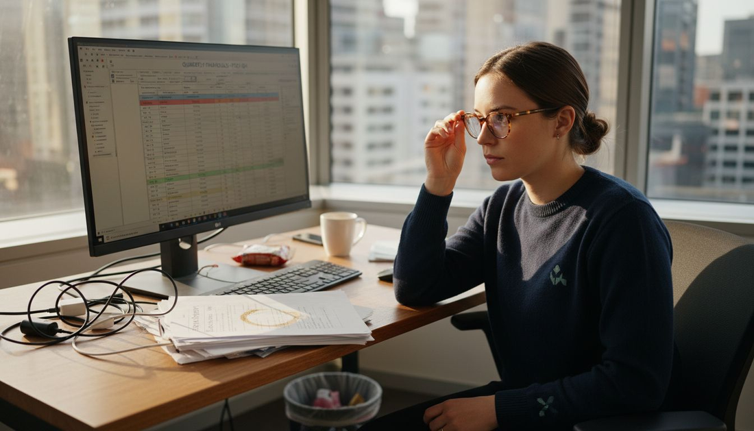 Woman adjusting glasses at cluttered office desk