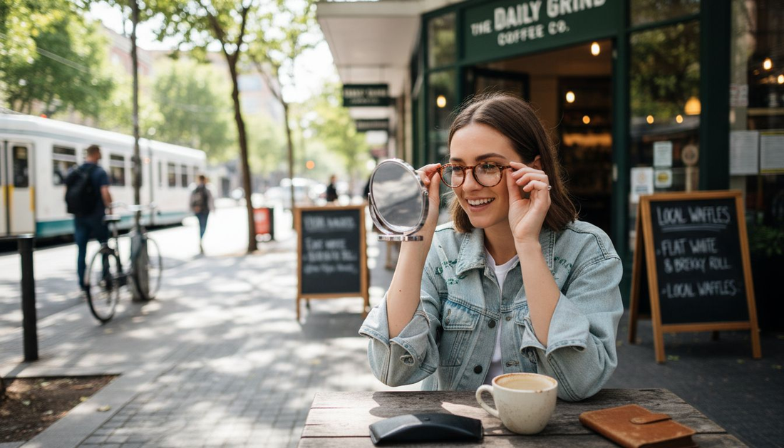 Woman with square face tries round glasses