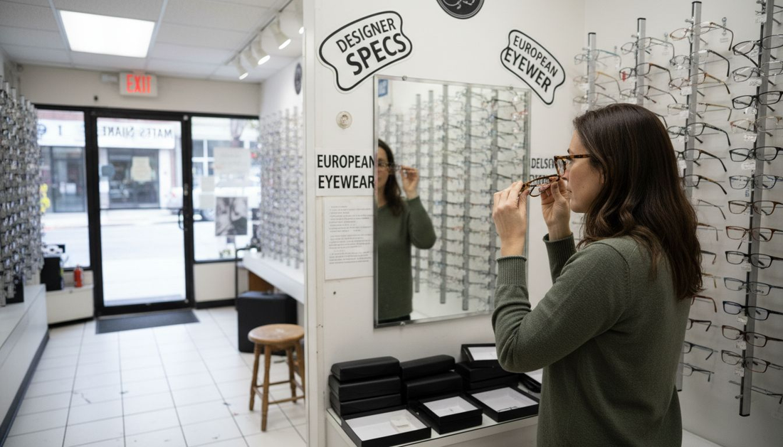 Woman testing glasses at optical shop