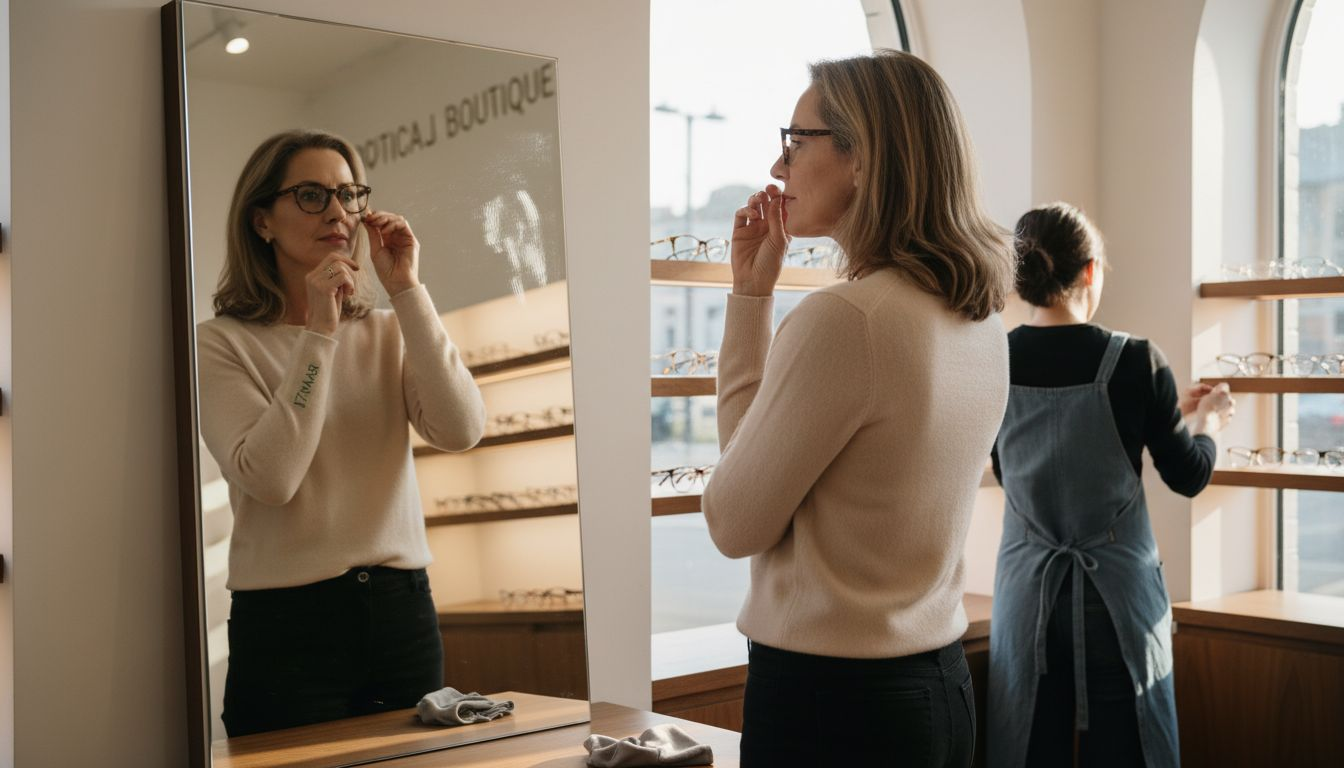 Woman selecting fashionable reading glasses in boutique