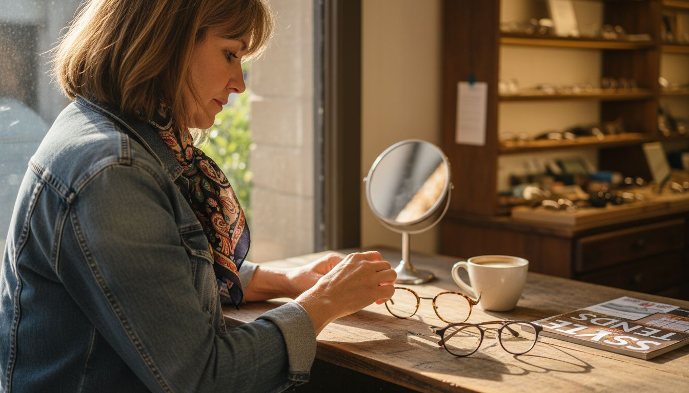 Woman choosing stylish reading glasses in eyewear shop