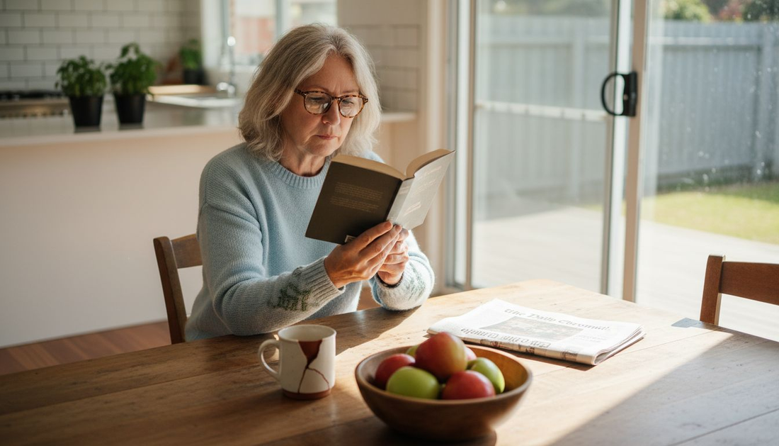 Older woman using presbyopic glasses at kitchen table