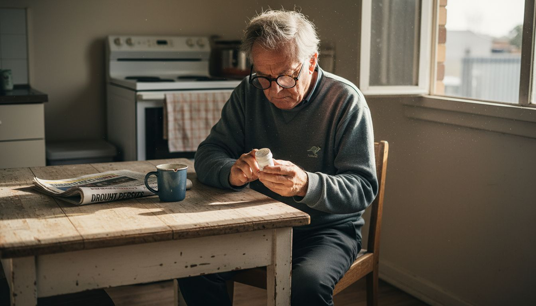 Older man reading prescription bottle with glasses