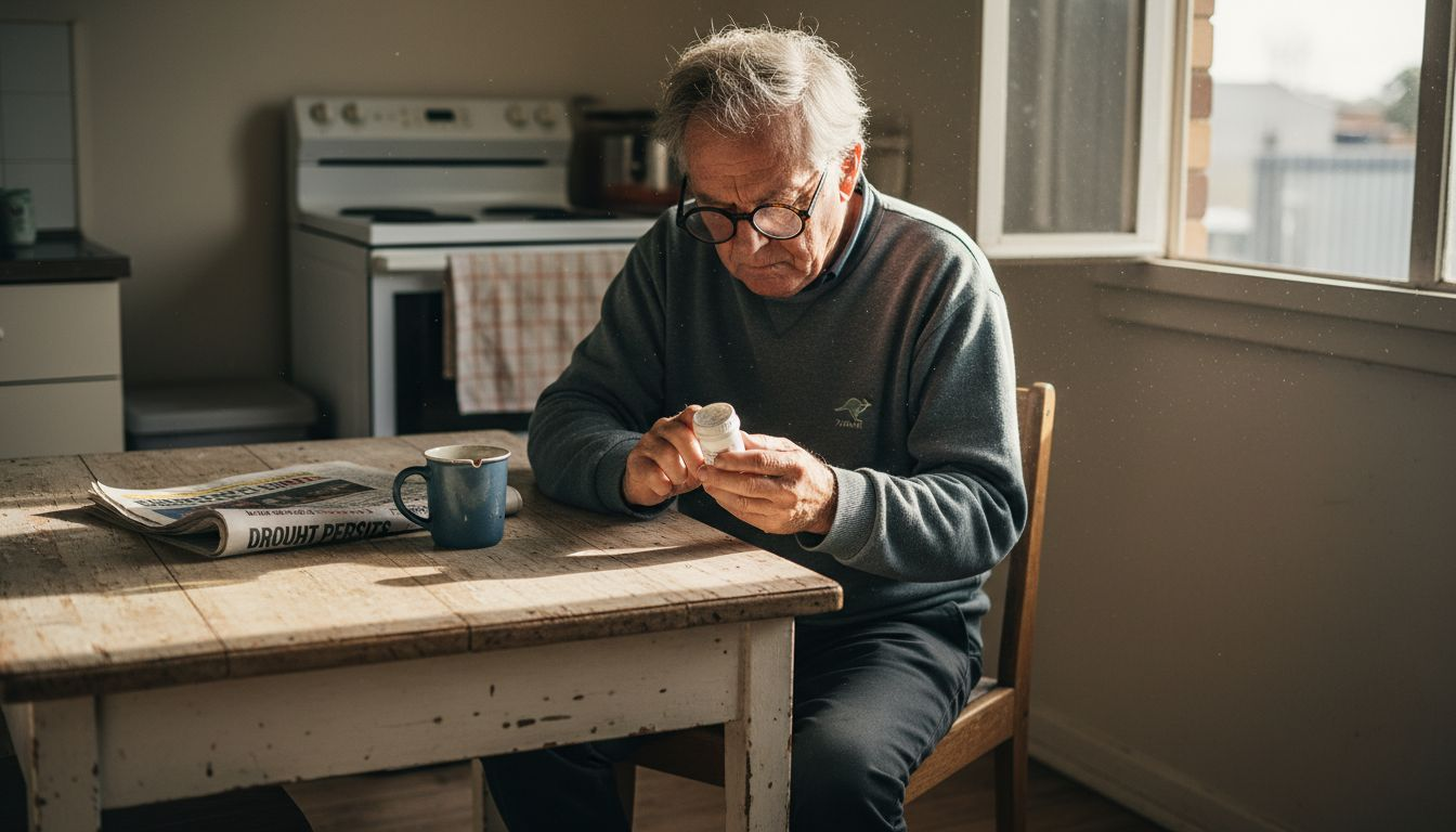 Older man reading prescription bottle with glasses
