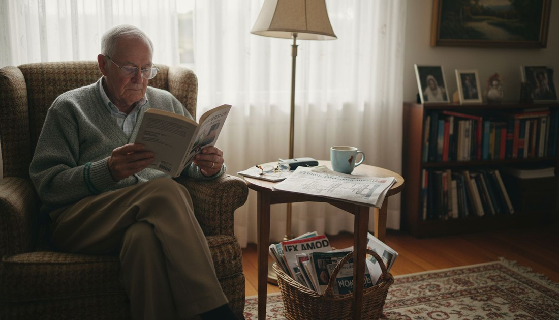 Older man reading with glasses in living room