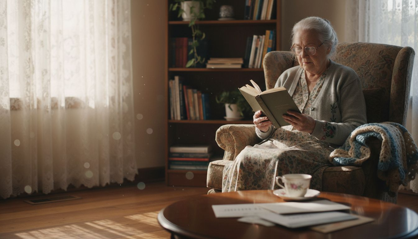 Elderly woman reading with strong glasses