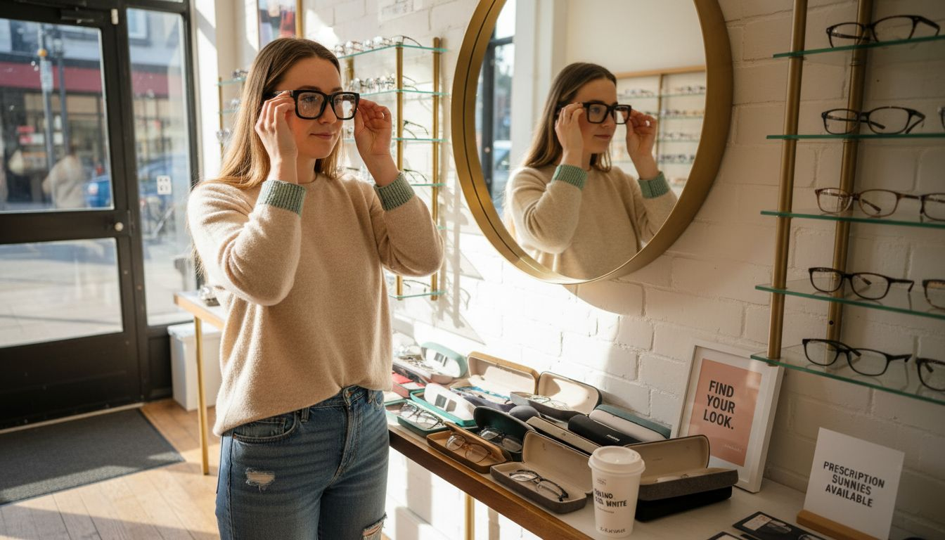 Woman with round face trying on rectangular glasses