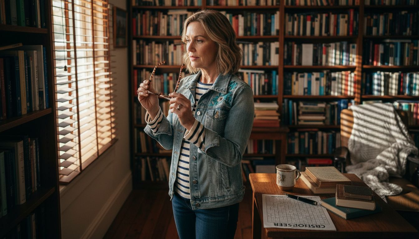 Woman choosing vintage reading glasses in study