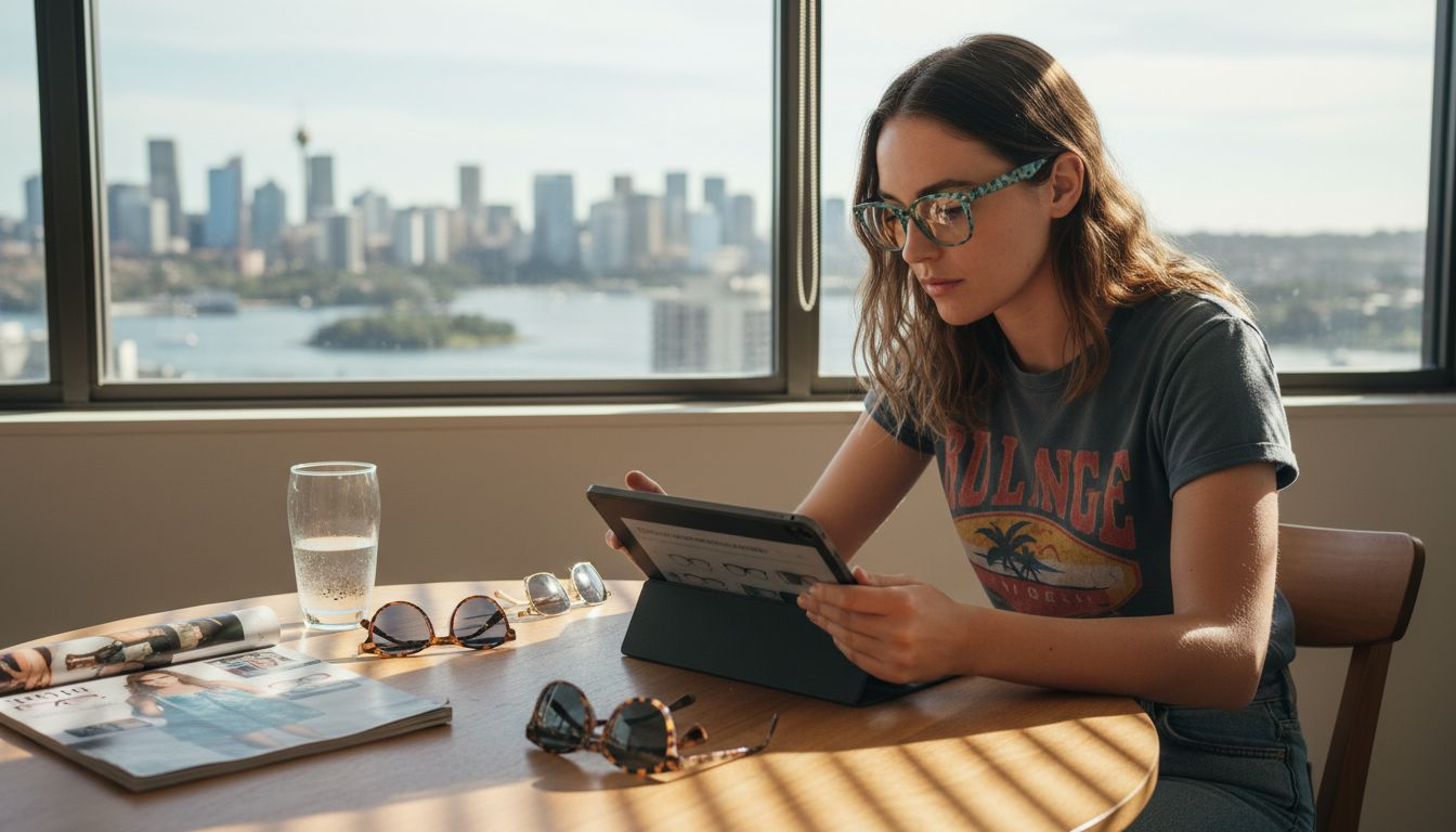 Woman browsing stylish glasses online at home