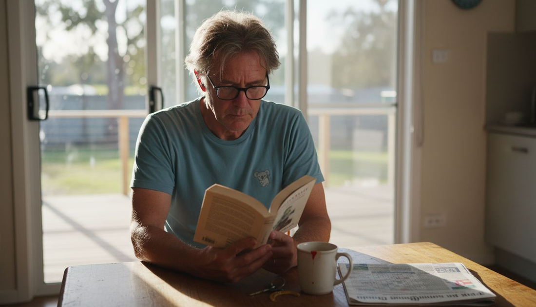 Man using reading glasses reading at home