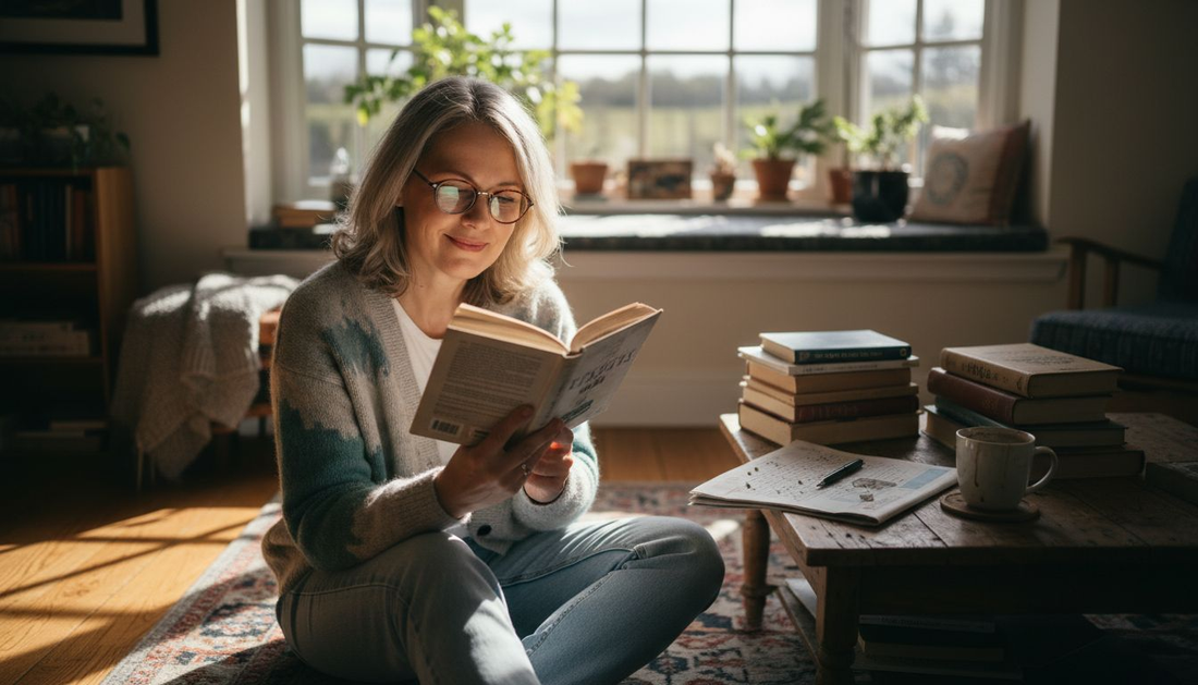 Woman reading in retro round glasses by window