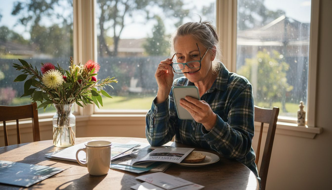 Woman trying reading glasses at cluttered kitchen table